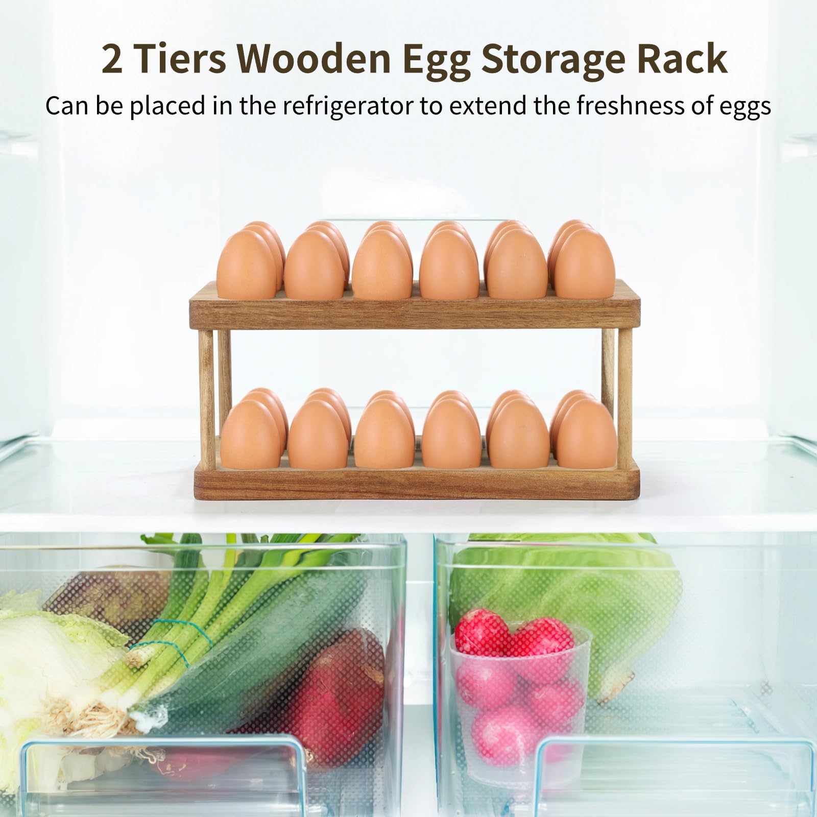Soporte para huevos de madera de 2 niveles para 36 huevos, organizador de huevos apilable, estante para huevos para nevera