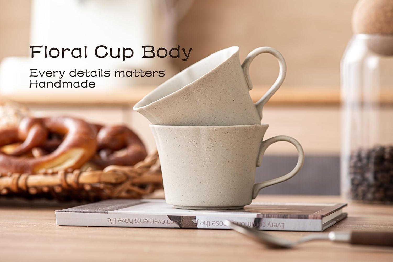 Ceramic Coffee Mugs Set of 4, Vintage Flower Mugs,6 oz Small Coffee Cups with Handle,Handmade Floral espresso mugs for Latte,Cappuccino,Tea Cups (Natural Beige, 6, OZ)