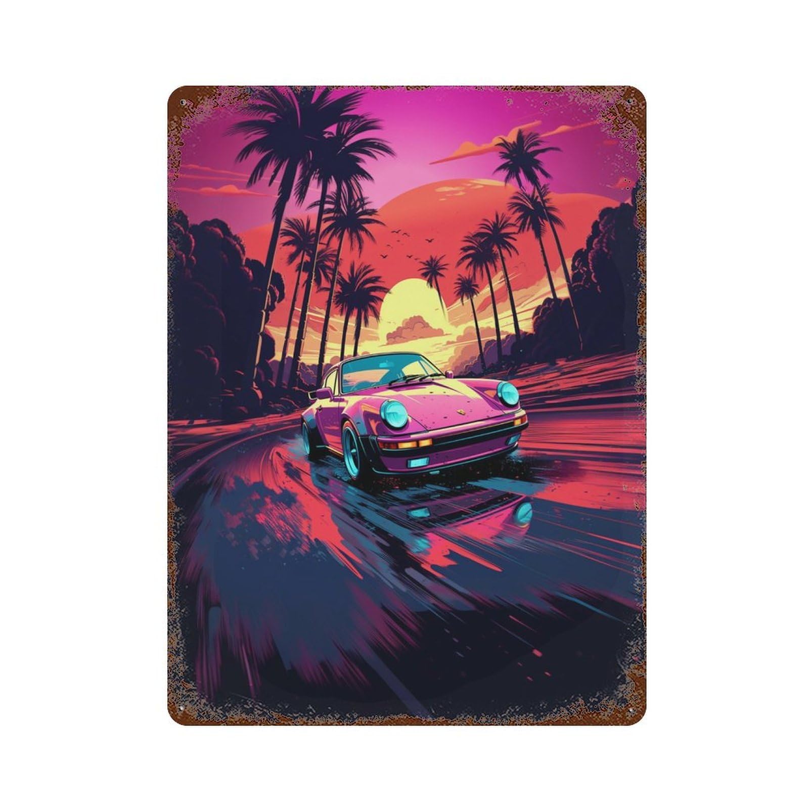 Neon Sunset Road Trip 15.7"x11.8" Rustic Tin Plaque, Novelty Wall Decor for Bistro, Counter And Cafe Decor