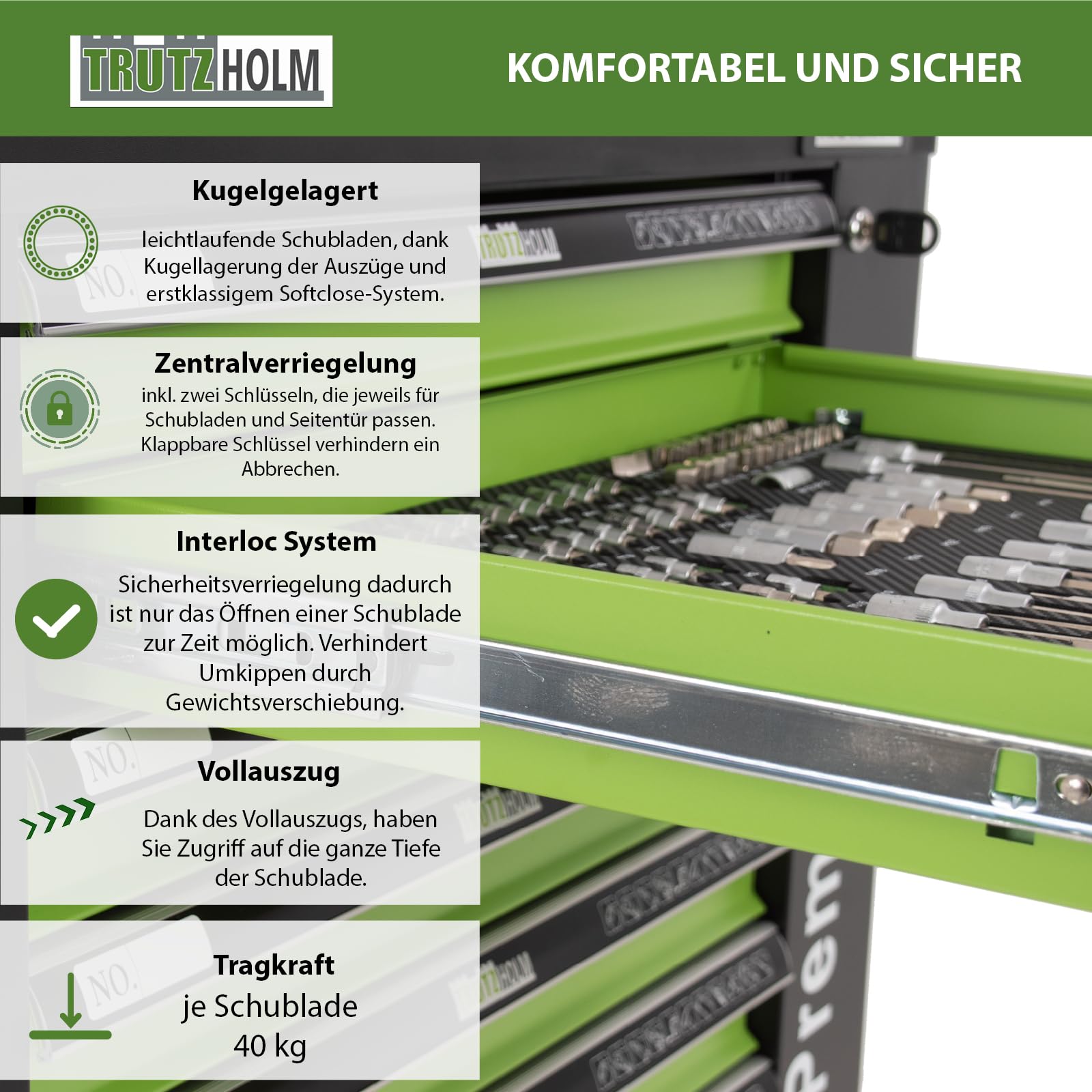 TRUTZHOLM Werkstattwagen bestückt 254tlg. Chrom Vanadium Werkzeug 7 Schubladen Seitentür Softclose Zentralverriegelung Interloc Montagewagen gefüllter Werkzeugwagen Drehmomentschlüssel, Knarren etc.