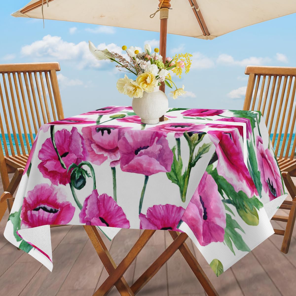 QsirBC Poppy Buds Outdoor Tablecloth with Umbrella Hole and Zipper Wrinkle-Free Stain Resistant Washable Square Tablecloth for Patio Garden Picnic Camping 60 X 80 Inch