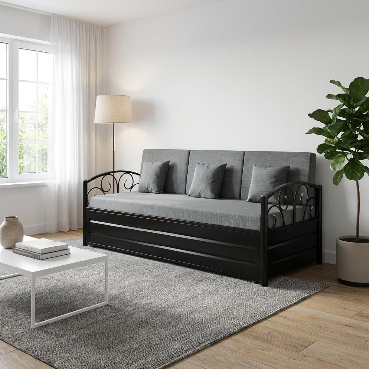 ROYAL BED MANUFACTURER King Size 6X6 Metal Sofa Cum Bed with Hydraulic Storage - 3 Seater Grey Fabric (Matte Black Finish)-image-38