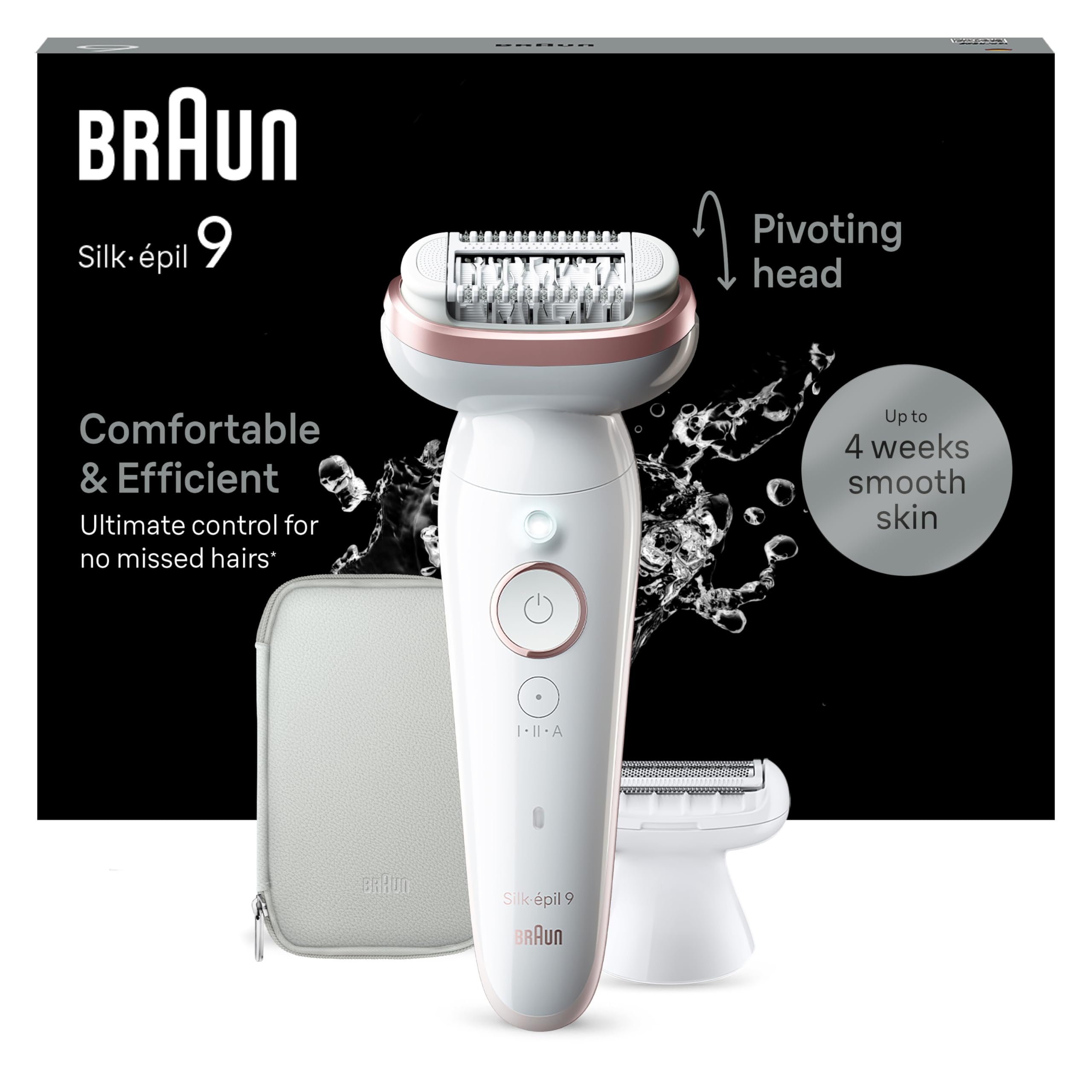 Braun Silk-épil 9 Epilierer Damen mit Schwenkbarem Kopf für Eine Einfache Haarentfernung, Wet&Dry, Langanhaltend Glatte Haut, Wasserdicht — Inkl. Rasieraufsatz und Trimmeraufsatz — 9-030, Weiß/Rosa