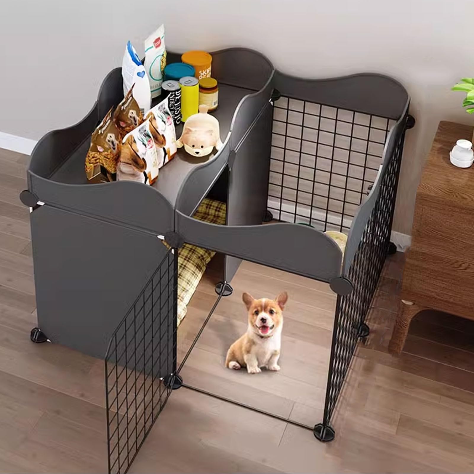 Recinto Portatile per Cani da Interno - Gabbia 2-in-1 con Ripiano Superiore, Griglia in Ferro e Base in Plastica Stampata (Altezza 56cm, 5 Dimensioni)(70 * 70 * 56cm)