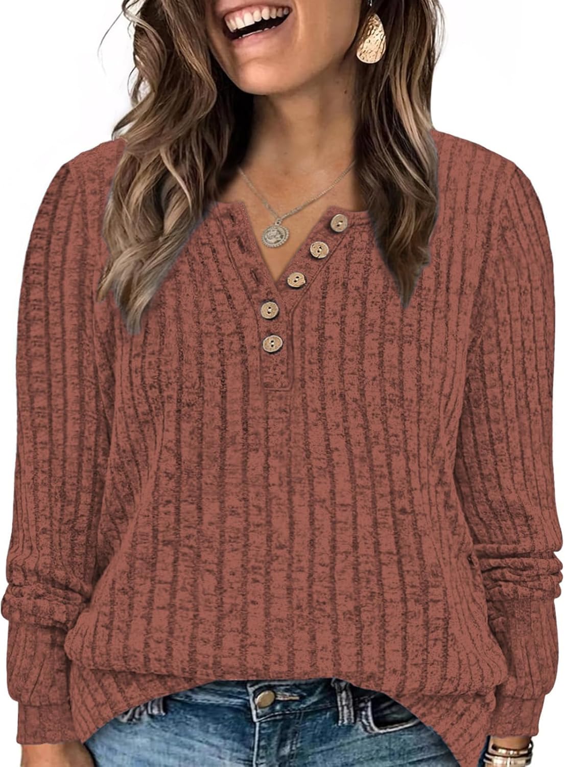 ROSRISS Womens-Plus-Size-Tops Trendy Long Sleeve Henley Shirts Casual Ribbed Knit Tunics Dressy Crewneck Pullover Sweaters