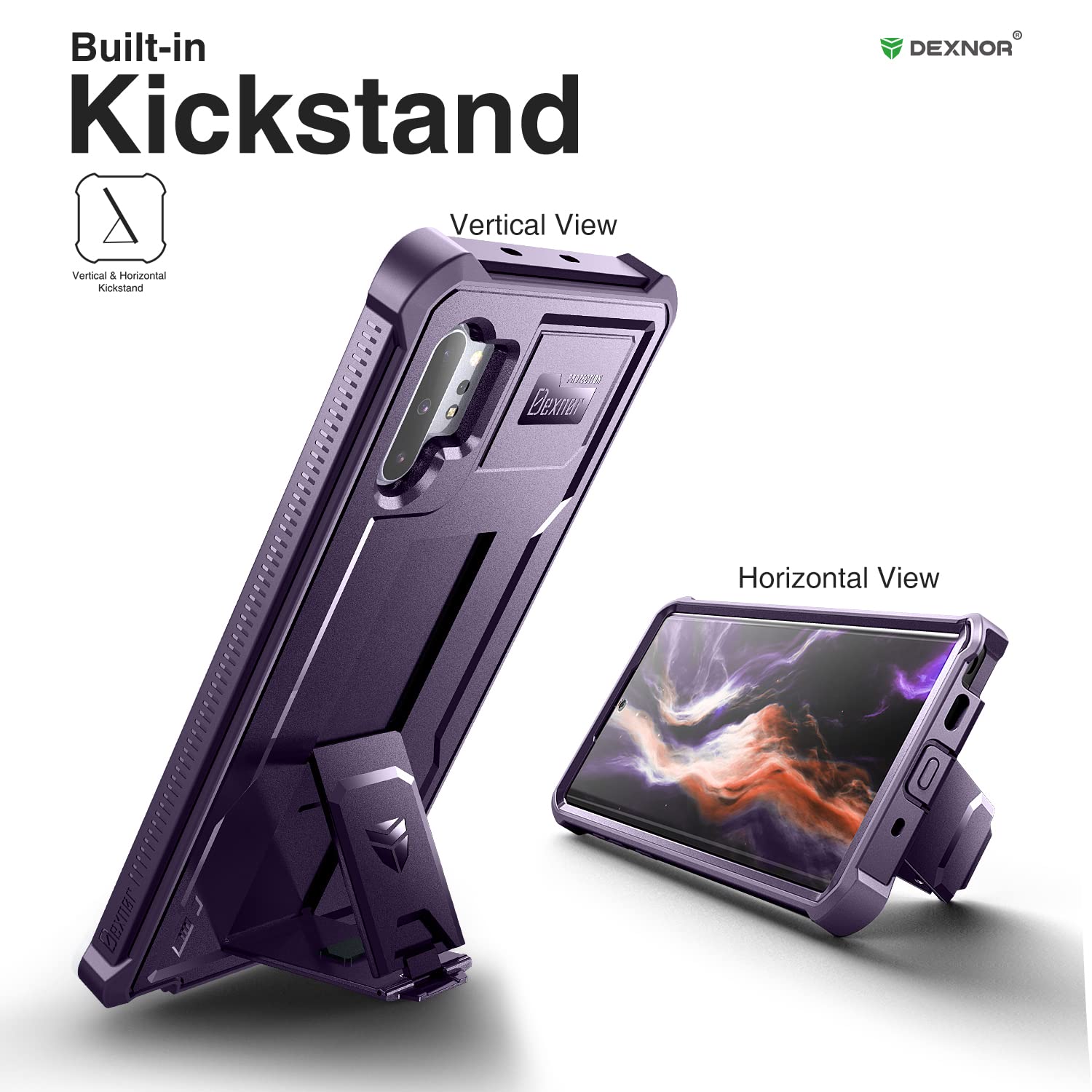 Dexnor for Samsung Galaxy Note 10+ Plus Case, [Built in Screen Protector and Kickstand] Heavy Duty Military Grade Protection Shockproof Protective Cover for Samsung Galaxy Note 10 Plus, Purple