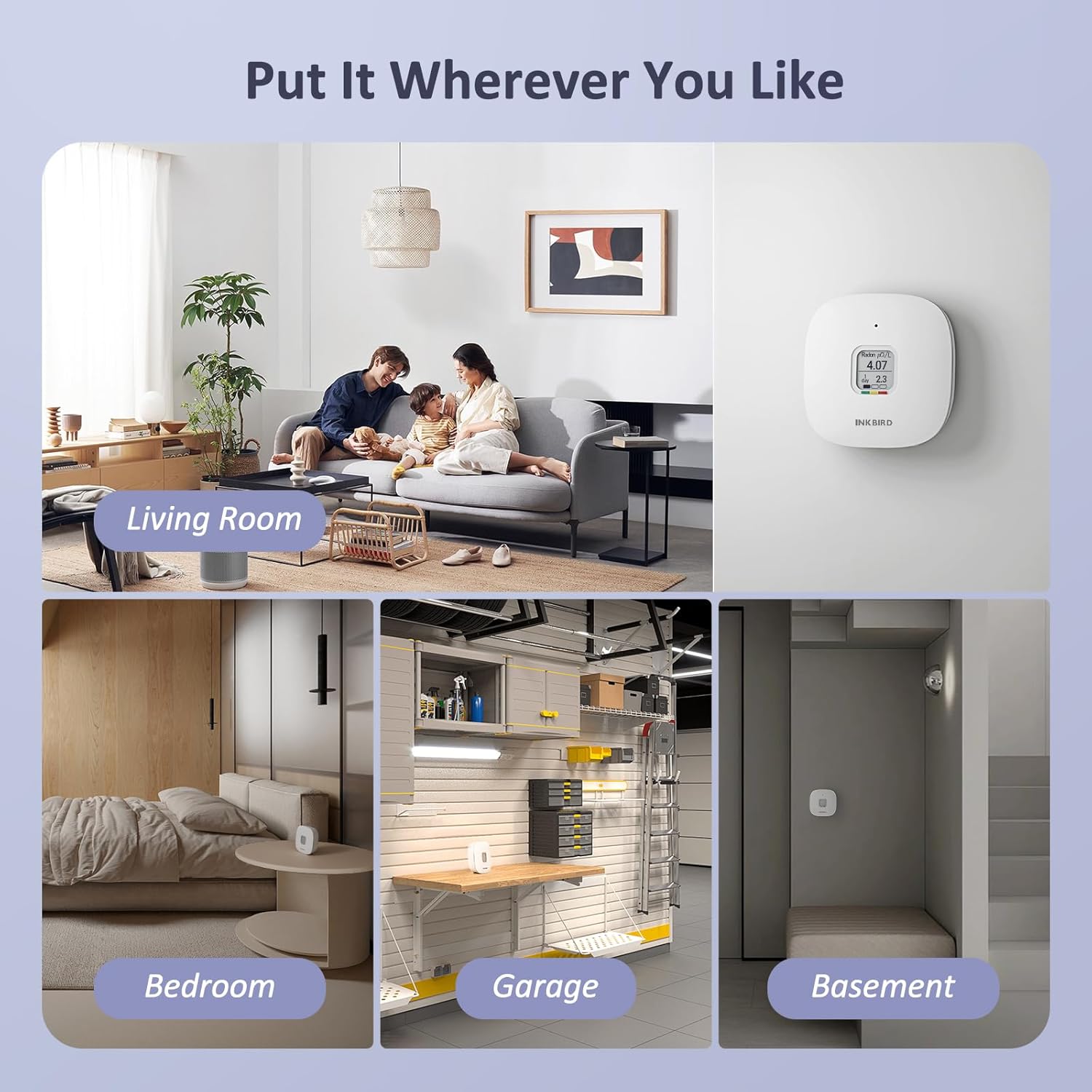 Radon detector placement examples in living room, bedroom, garage, and basement