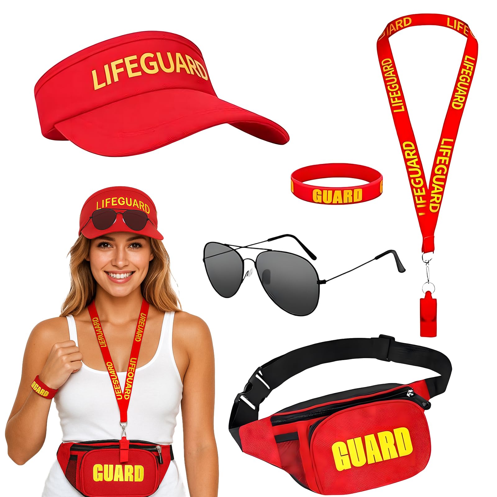 QhgPnt Lifeguard Costume, Life Guard Costume Accessories KIt, 5 Pcs Set with Hat, Sunglasses, Bag, Bracelet and Whistle for Beach Party, Halloween, Cosplay, Adjustable Red Hat for Adults