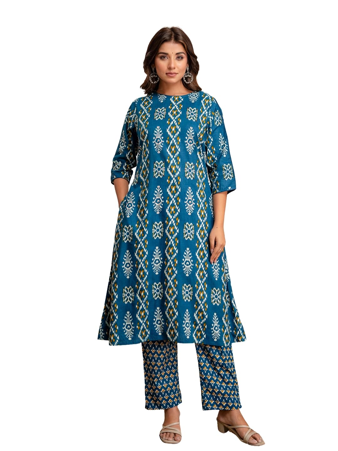 Women's Pure Cotton Ikat Print A-Line Kurta Pant Set-picture-58