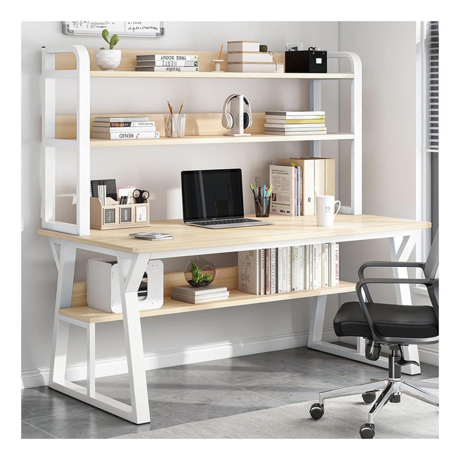 Wdsopk Nature Computer Desk Home Office Desk Sturdy Metal Frame Computer Desk, With Storage Shelves And Bookshelf - For Writing Workstation Bedroom Study Furniture（-39 In）