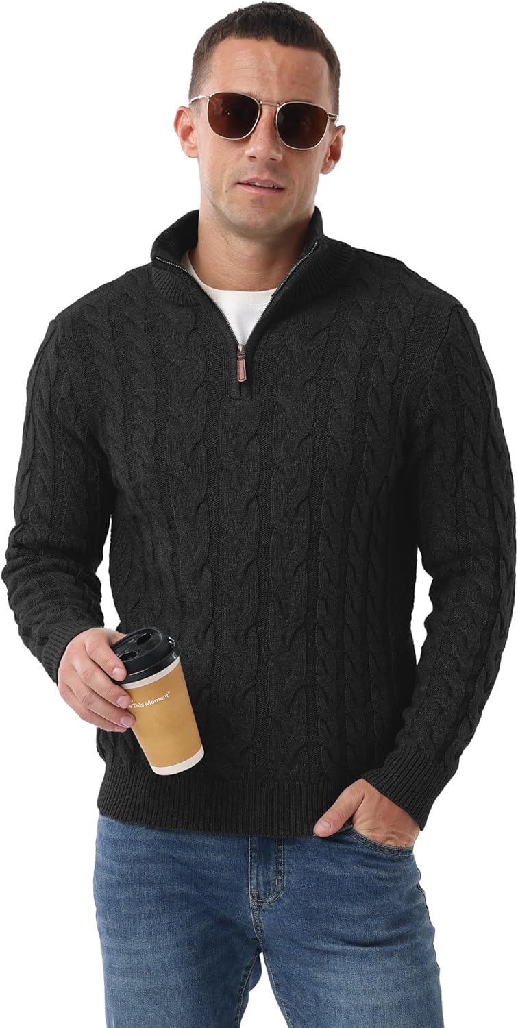 Askdeer Men's Quarter Zip Sweater Cable Knit Mock Neck Pullover Sweaters Classic Casual Polo Sweater - Image 5