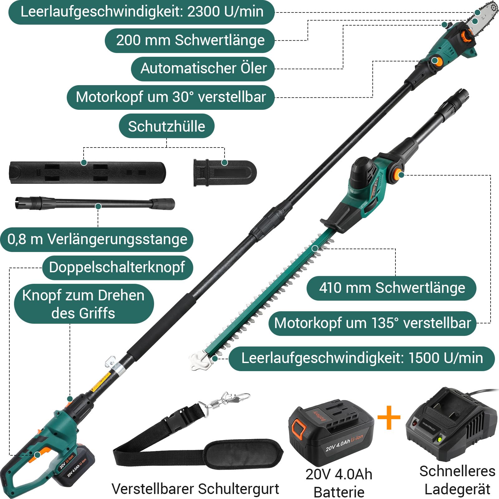 TLGREEN 2-in-1 Akku Teleskop Heckenschere & Hochentaster für Rasenkanten Rasen Unkraut Hohe Hecken Dicke Äste, mit 20V 4,0Ah Li-Ion Akku/Ladegerät, Verstellbarer Schnittwinkel, 3m, Sicherheit