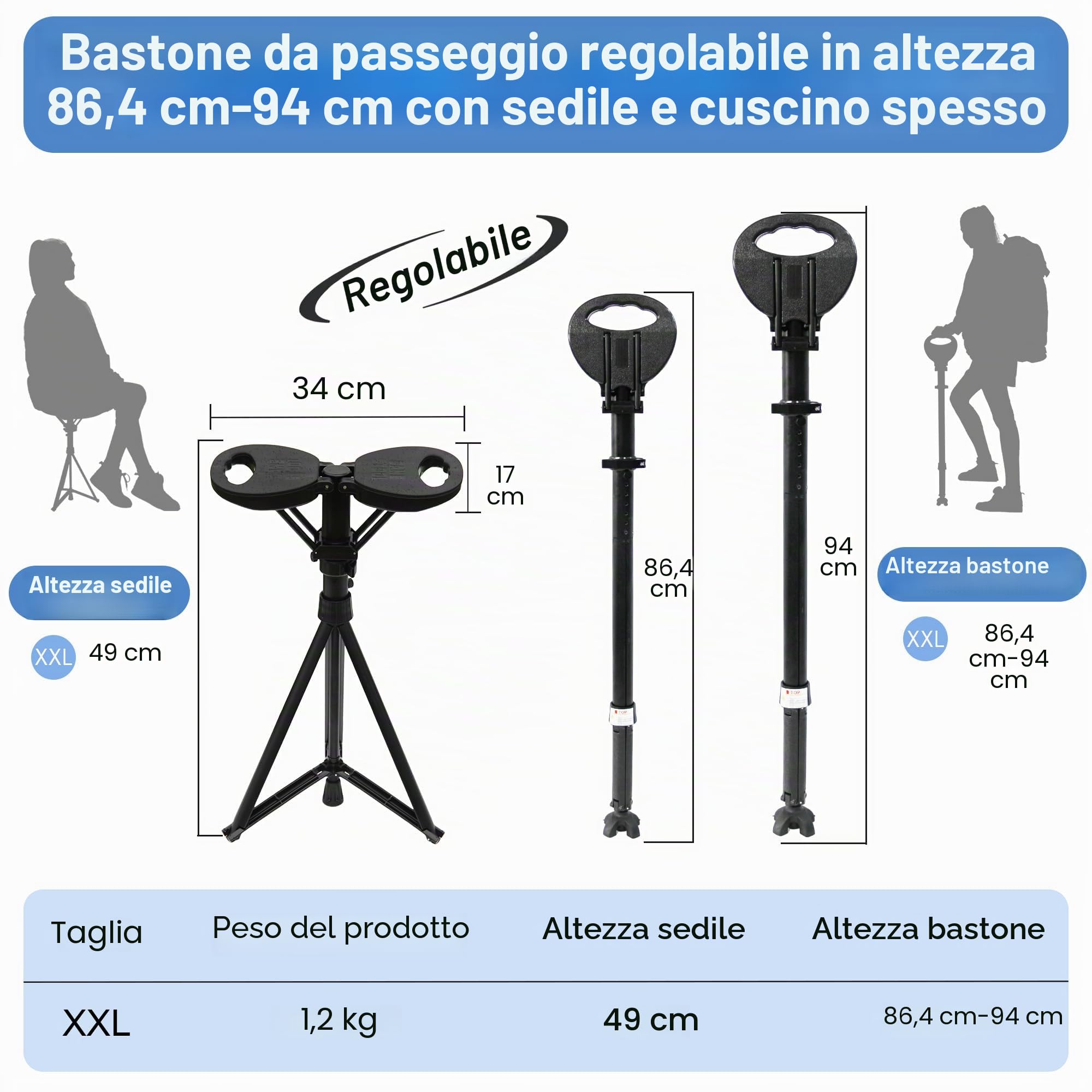 Bastone da passeggio con sedile, bastone pieghevole portatile, regolabile, per donne e uomini, bastone da passeggio retrattile per anziani e donne, per viaggi all'aperto