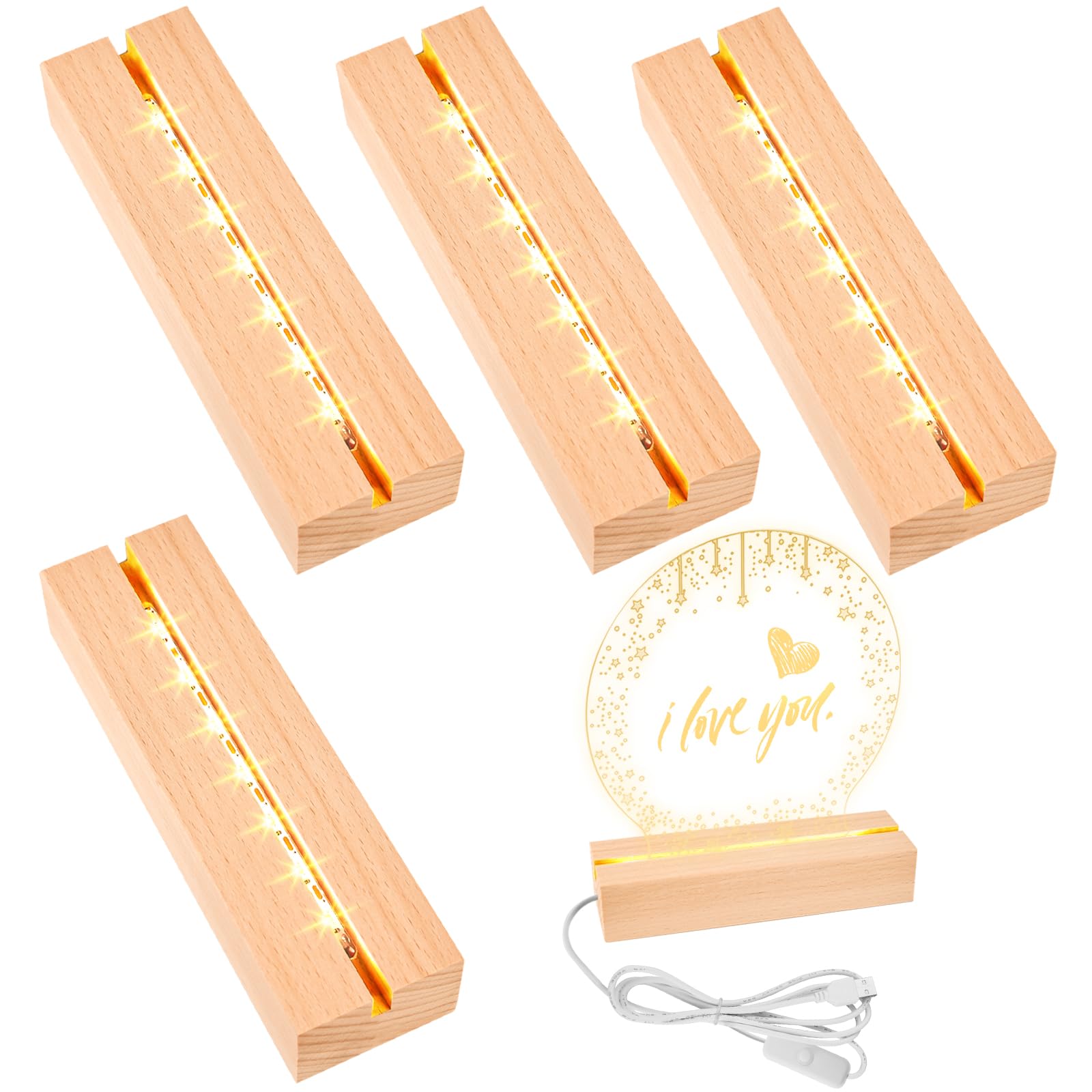 BAIFULAI 4 piedistalli a LED, 20 cm, base in legno, base luminosa, base luminosa con interruttore USB, colori caldi, supporto in legno, per blocchi di vetro, cristalli, vetro, resina, arte