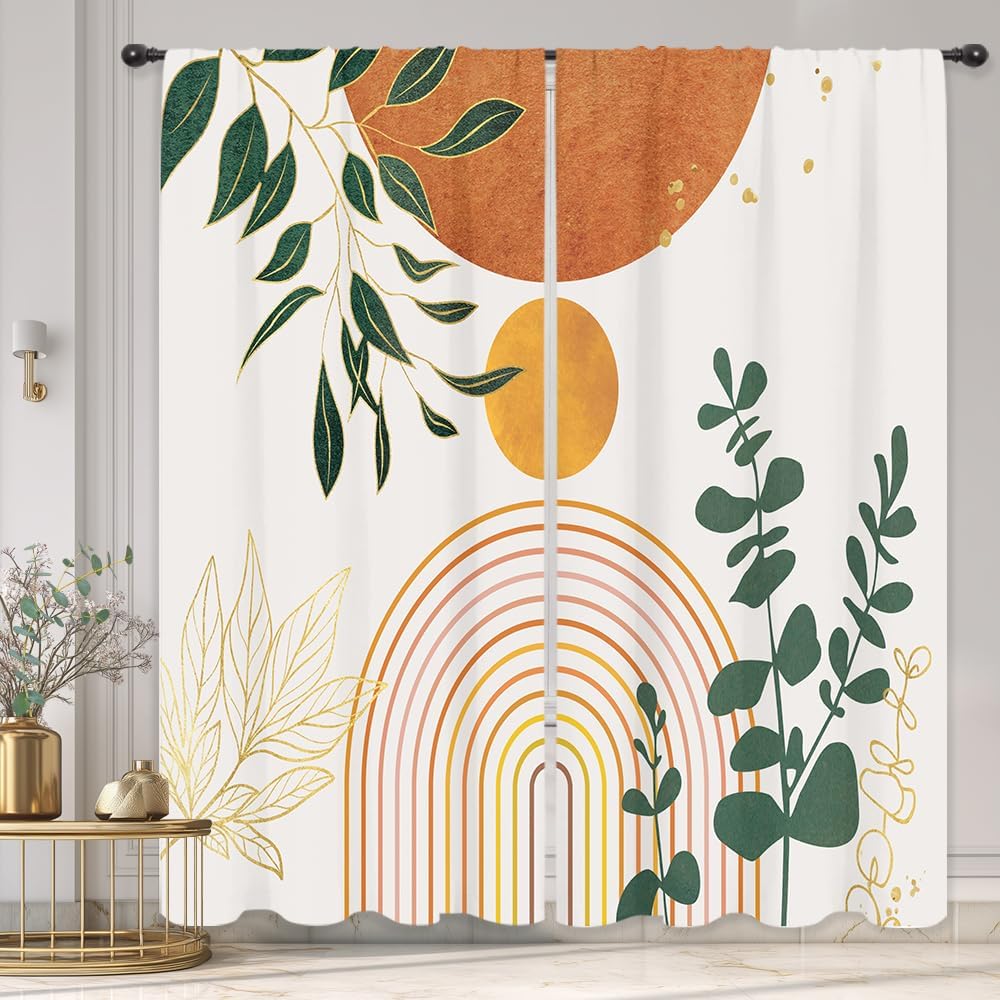 Riyidecor Mid Century Orange Boho Curtains Abstract Geometric Golden Leaves Plant Botany Arch Curve Minimalist Rod Pocket Fashionable Bedroom Living Room Treatment Fabric 2 Panels 52Wx84H Inch