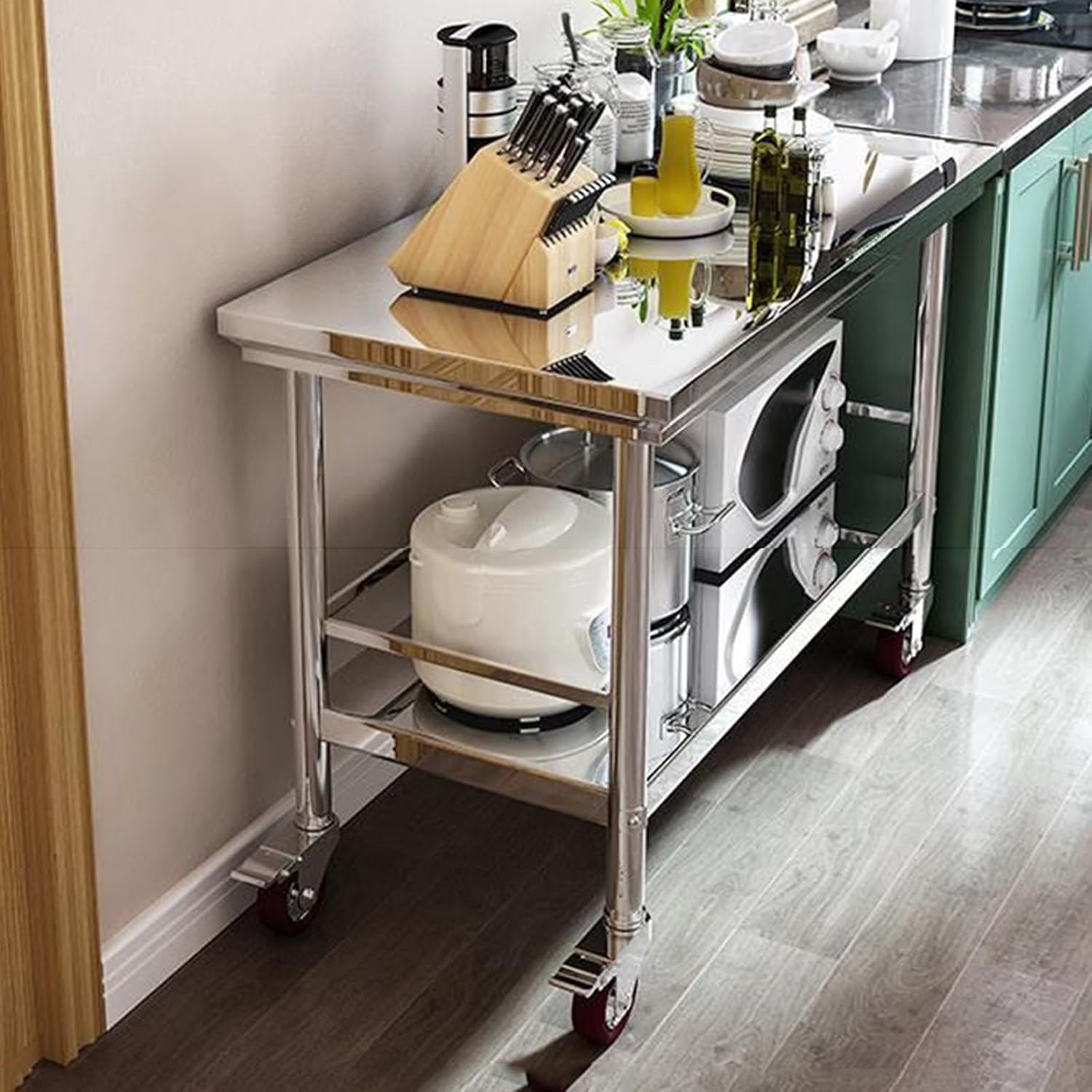 304 Thickened Stainless Steel Workbench H80cm 2-Layer Kitchen Storage Rack with 3 Surrounds 4 Brake Wheels Operating Table Multiple Size Options