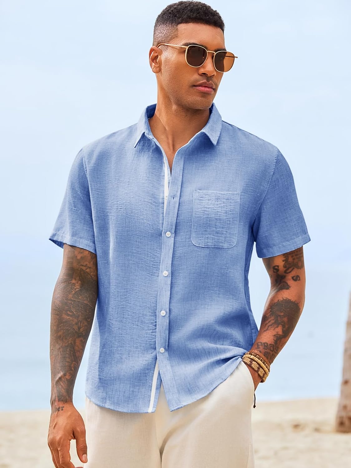 Runcati Mens Linen Button Down Shirts Casual Short Sleeve Shirt Summer Beach Wedding Tops with Pocket - Image 4