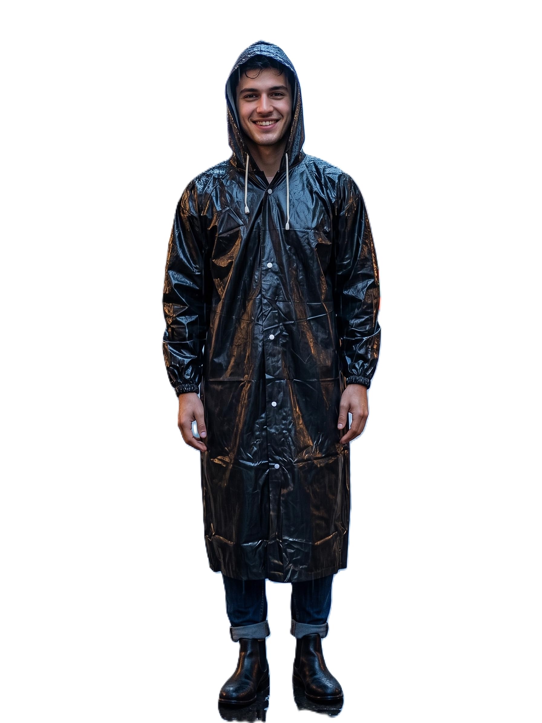 Hooded Full-Length Raincoat, Black, PVC, Waterproof, Long Sleeve, Snap Button, Unisex Free Size, Outdoor & Travel-image-43
