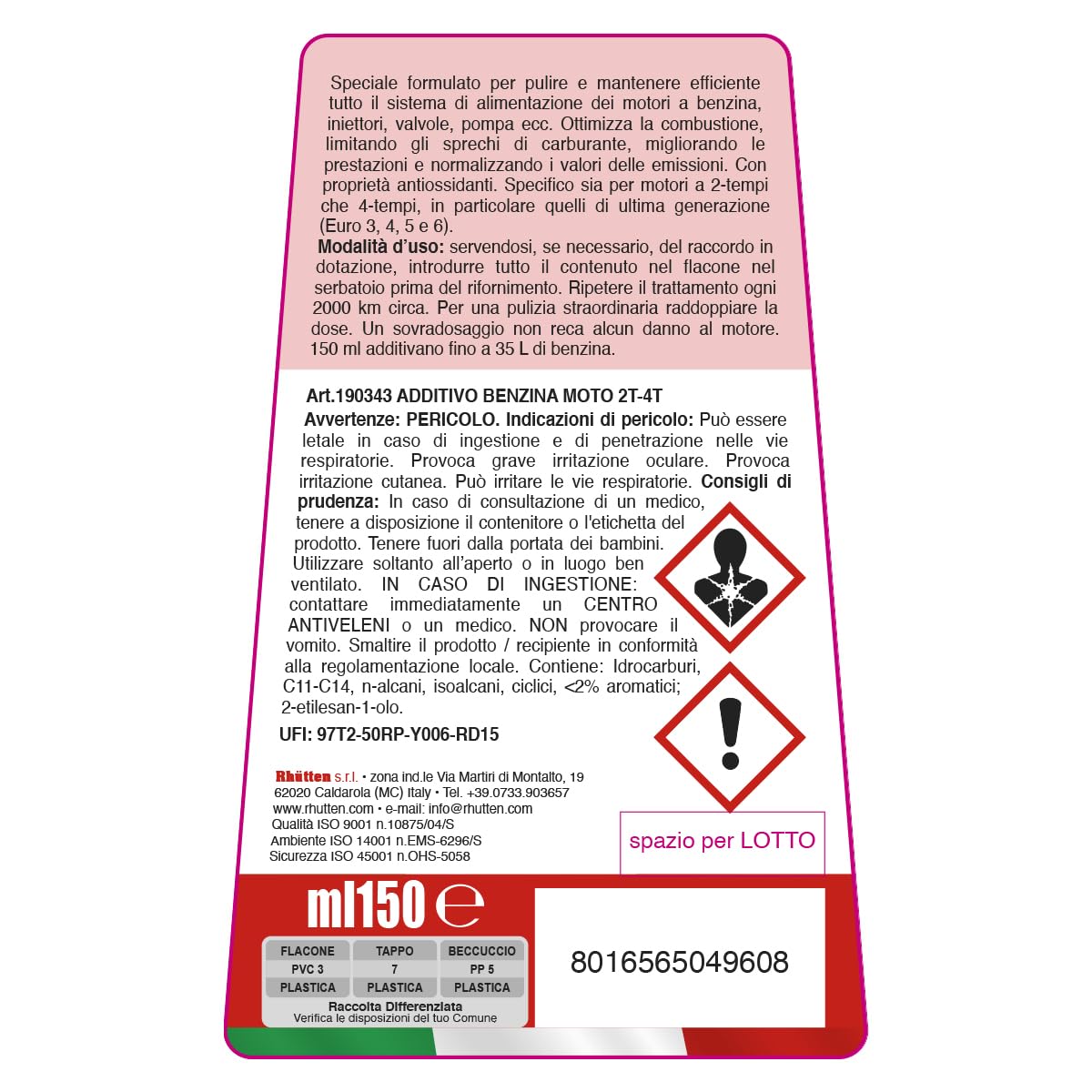 Rhutten, Additivo e Pulitore Benzina Moto 2Tempi e 4Tempi, Monodose Superconcentrata, Migliora le Prestazioni, Riduce Consumi, 150ml