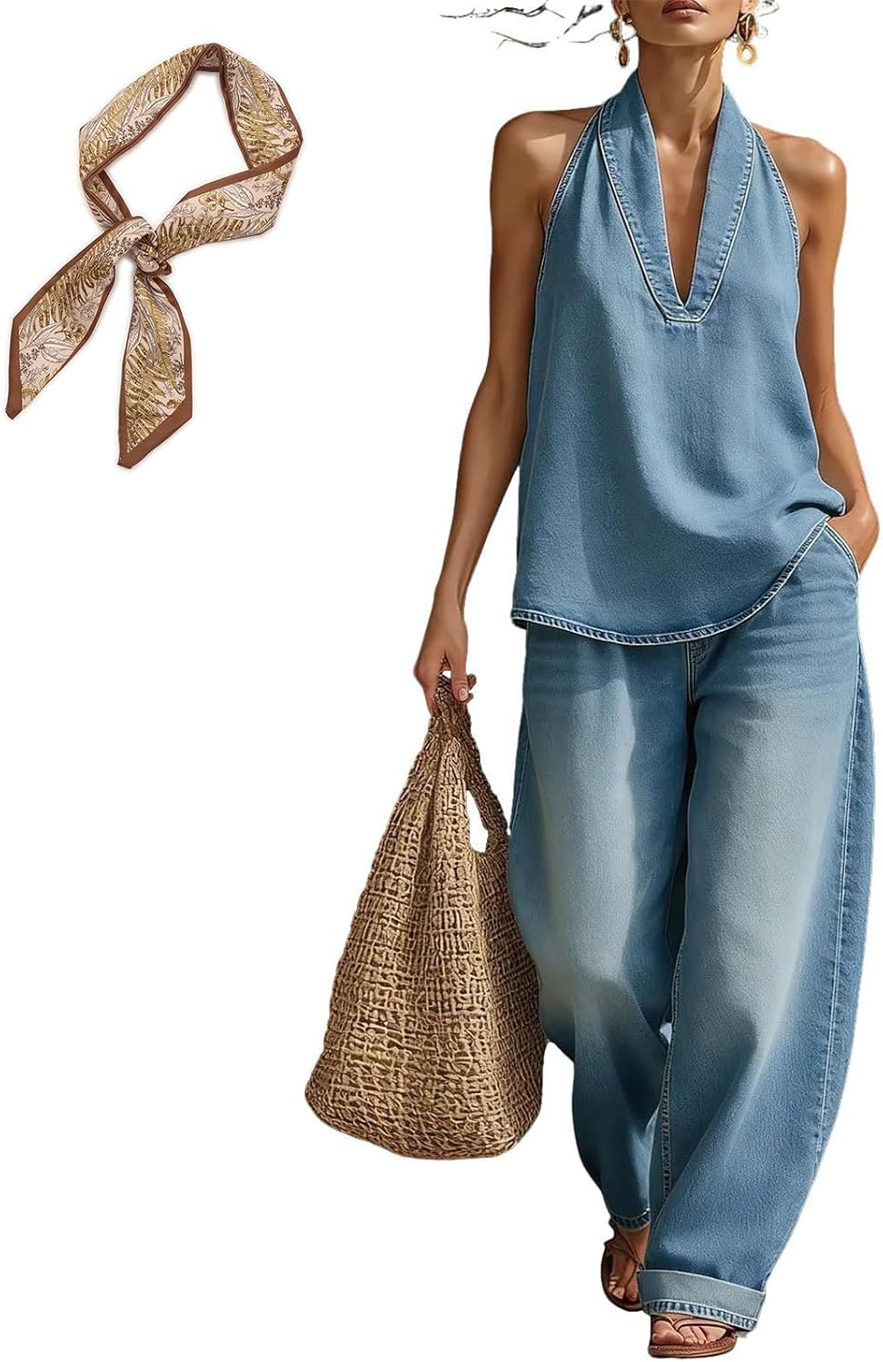 Cozy Minimalist Two-Piece Denim Set for Women - Halter Top & Denim Pants, Casual & Comfortable Summer Outfit