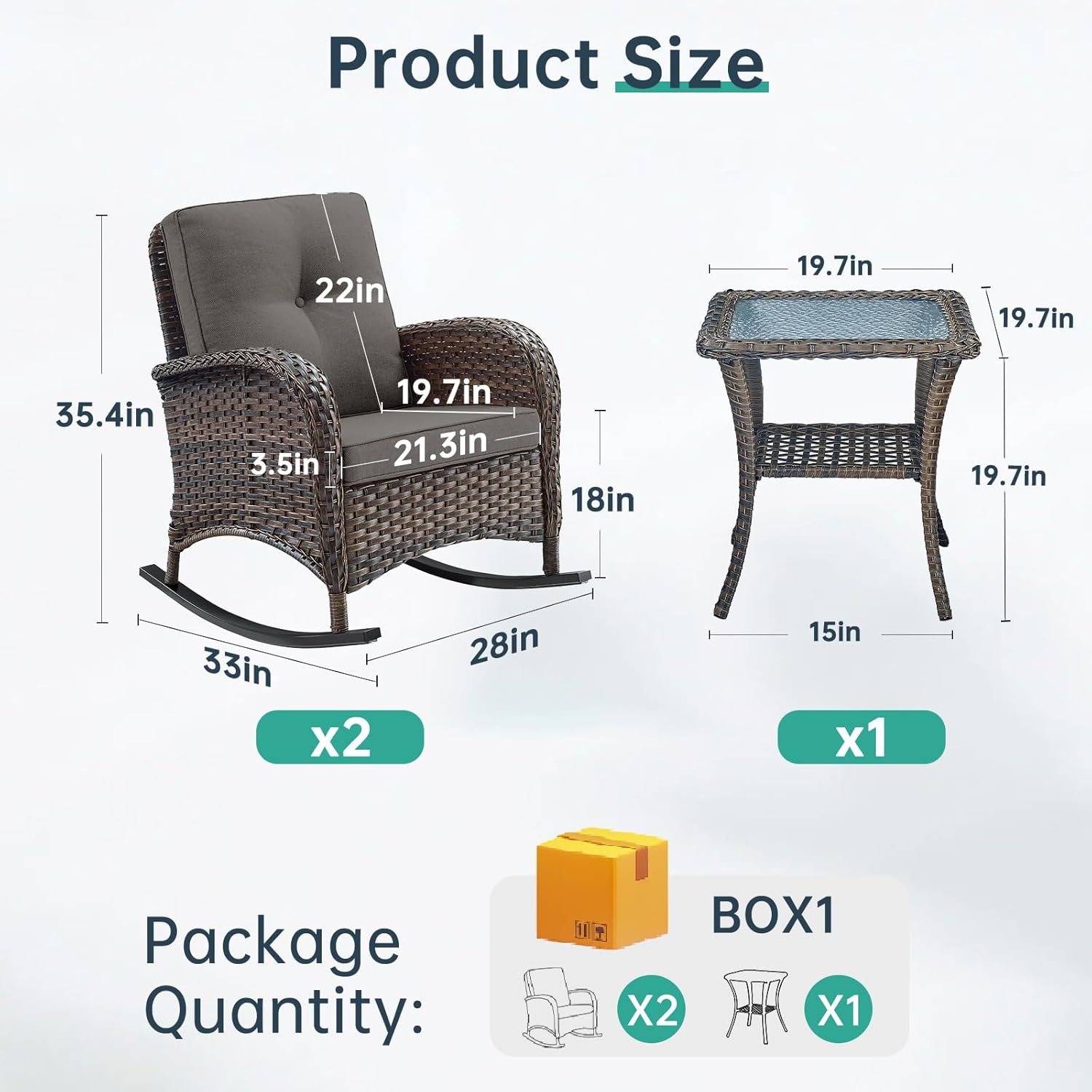 Patio Rocking Chair - 3 Peices Outdoor Wicker Rocker Porch Chair Set with Tempered Glass Side Table, 300 Lb Weight Capacity Rattan Seating for Balcony Garden Brown/Grey