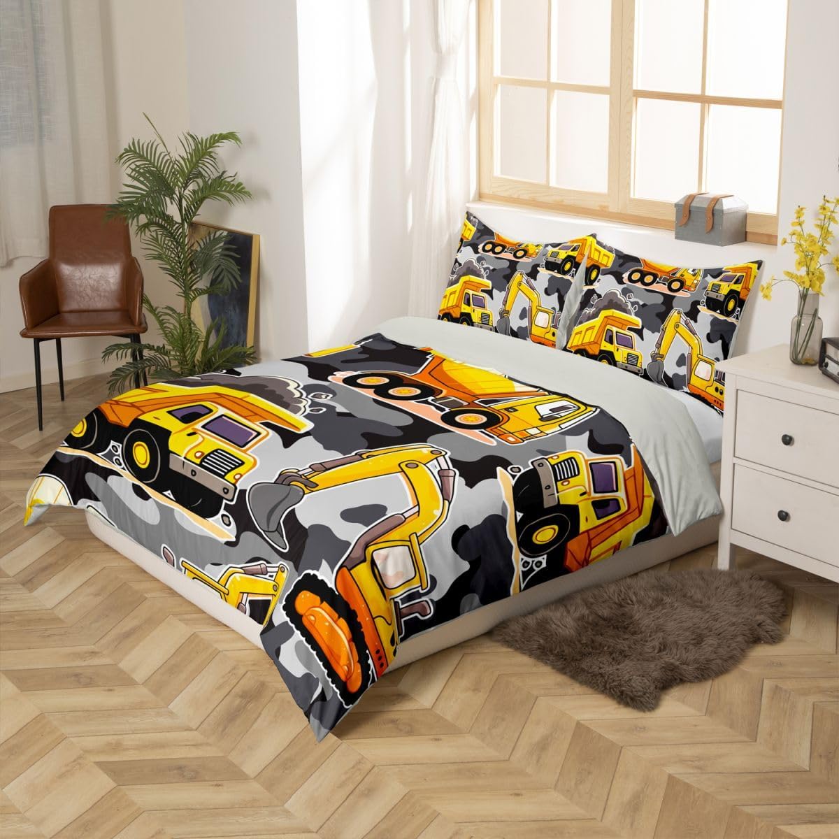 Erosebridal Equipment Trucks Duvet Cover Excavators Comforter Cover Twin Size Yellow Vehicle Quilt Cover for Child Kids Children Boys Teens Construction Tractor Bedding Set for Bedroom Decor