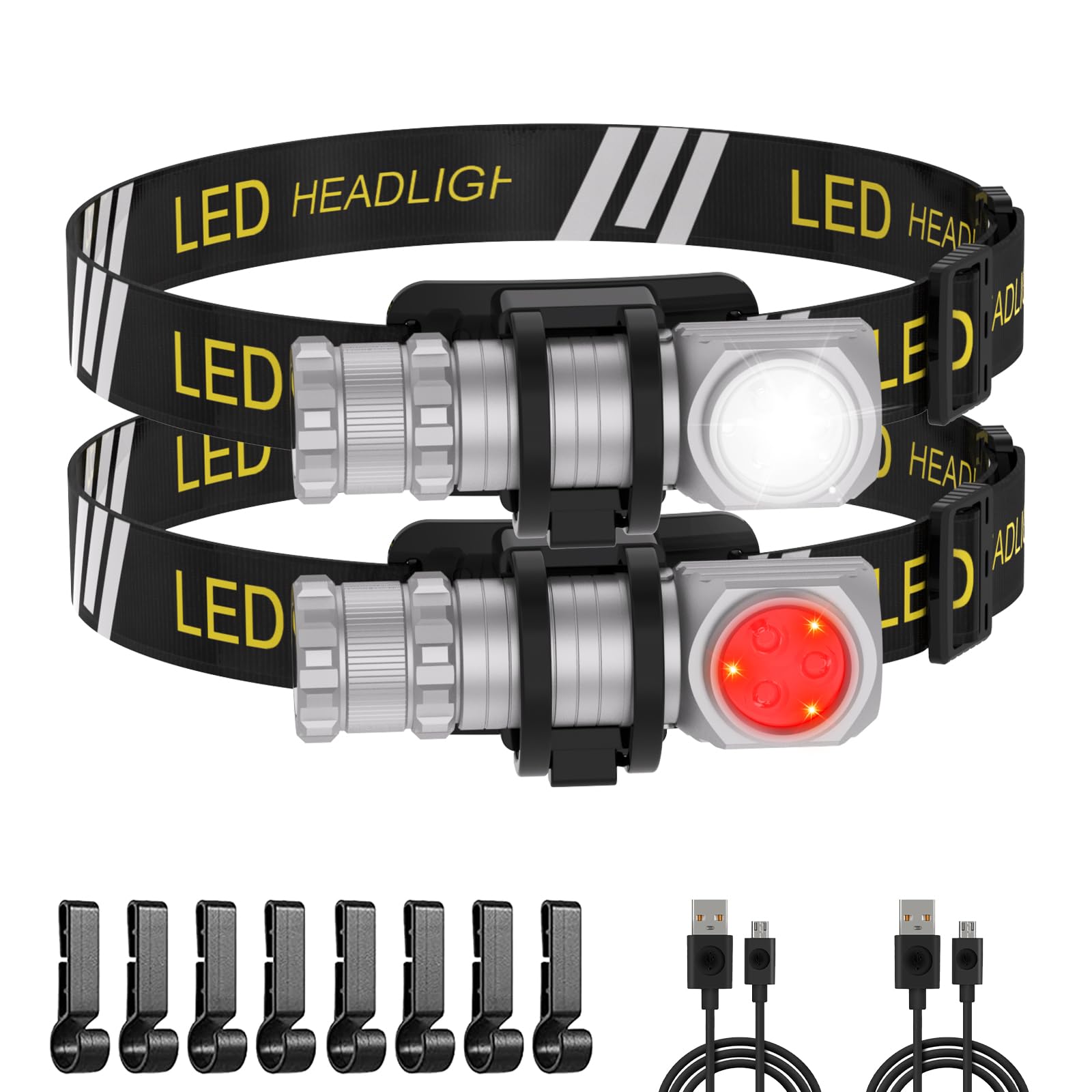 Spriak High Lumens LED Rechargeable Headlamp for Adults - Hard Hat Light Running Head Lamp with Red Light, Magnet, 180° Tilt, 7 Modes, Detachable Flashlight & Headband, Outdoor, Emergency 2PC, Silver
