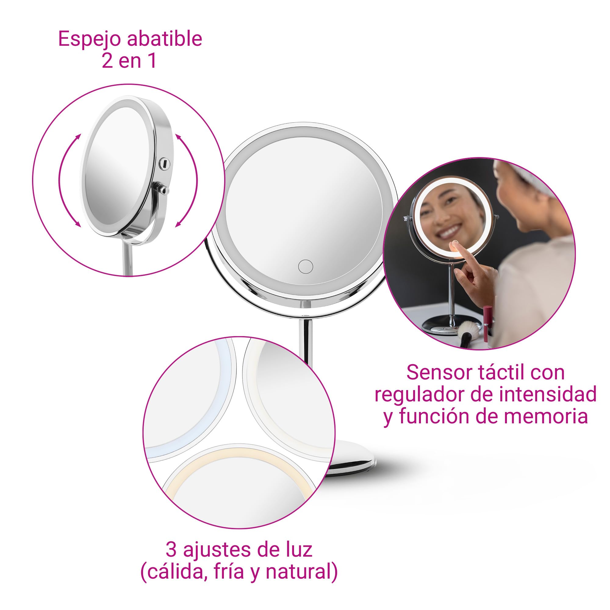 medisana CM 844 espejo cosmético, espejo de maquillaje con luz LED | con aumento, espejo de sobremesa con batería recargable, 2 superficies de espejo giratorias sin y con aumento de 7x