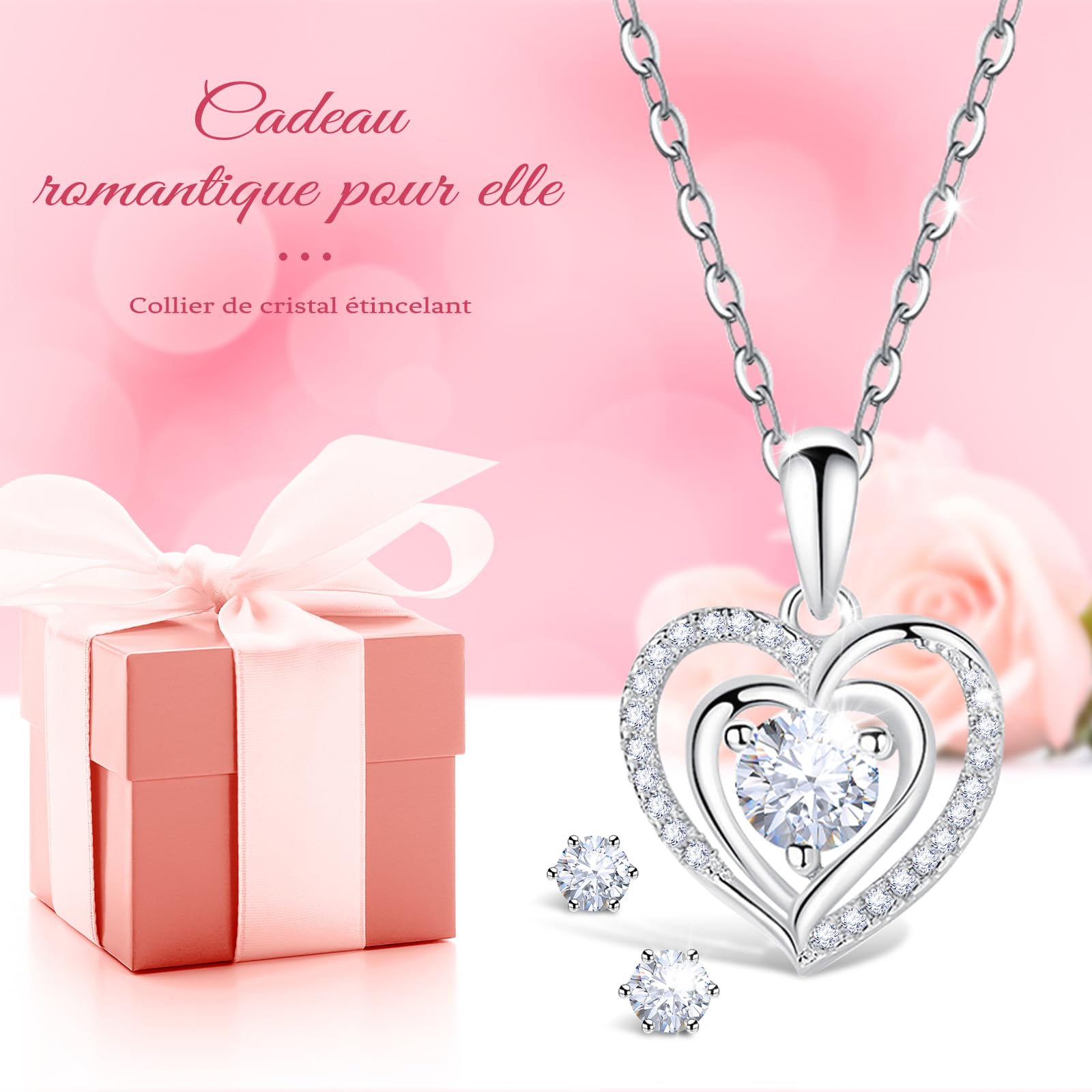 Sunia Rose Eternelle avec Bijoux Argent 925,Collier Coeur Boucles d'oreilles,Coffret Cadeau Femme,Rose Préservée avec Collier,Cadeau Anniversaire Femme,Amour Cadeau,Fete des Meres,Noël,Saint-Valentin