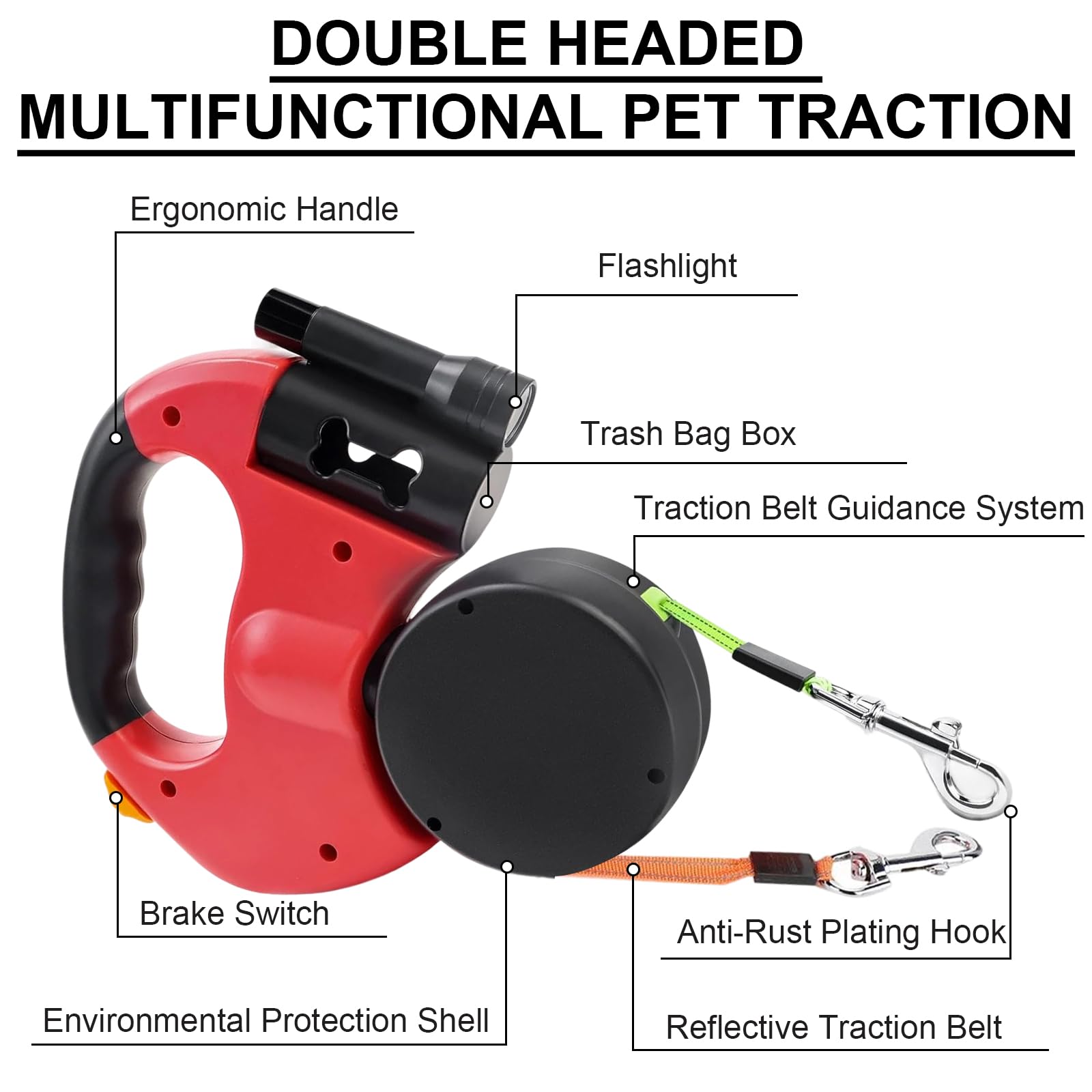 Guinzaglio retrattile da 3 m per 2 cani, doppio guinzaglio con luce LED, girevole a 360°, nylon riflettente, regolabile, per cani di piccola e grande taglia, rosso