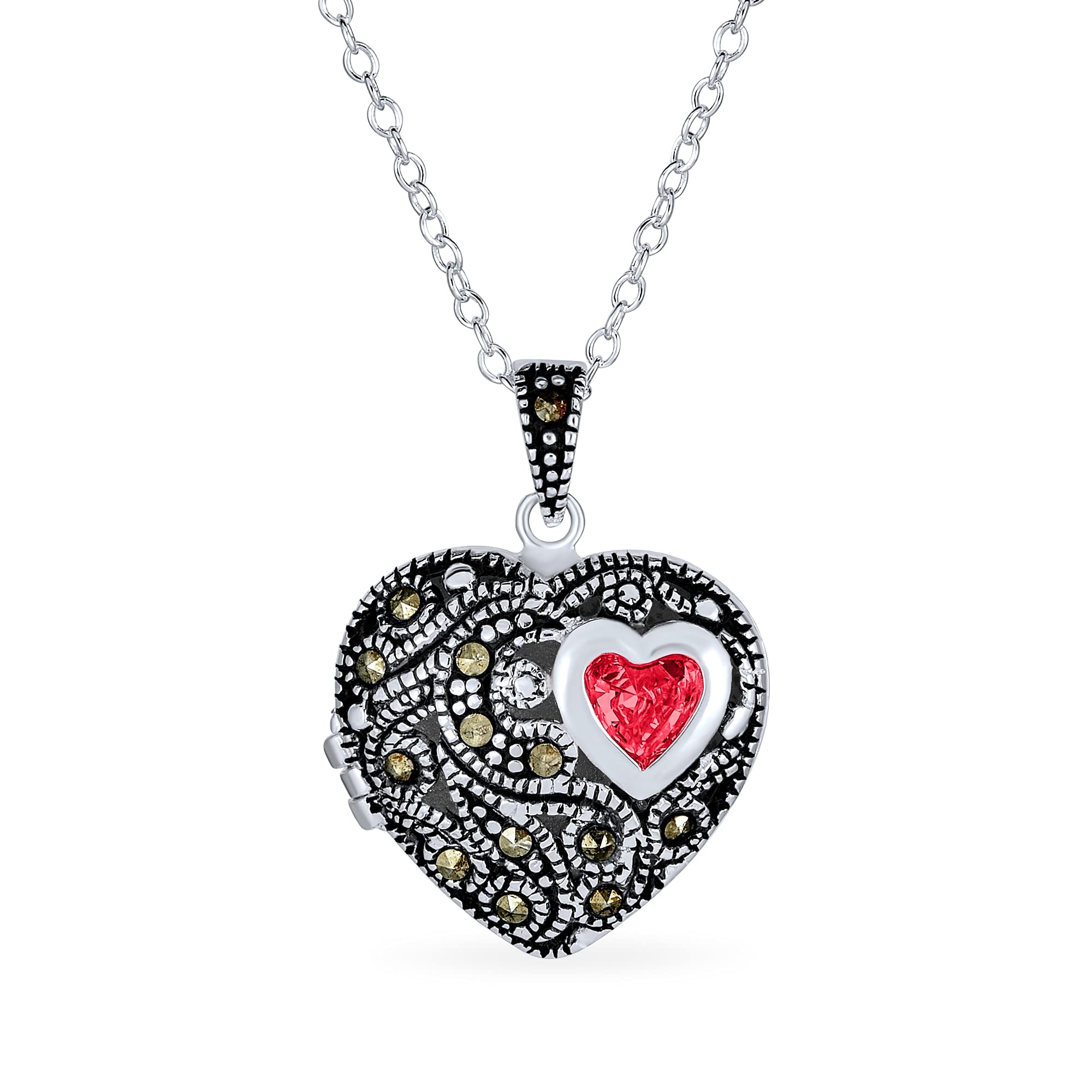 Personalizzato Marcasite Rosa Cz Red Garnet Vintage Stile Antico Filigrana Aromaterapia Olio Essenziale Profumo Diffusore Forma Di Cuore Collana Medaglione Per Le Donne Ossidato .925 Sterling Silver