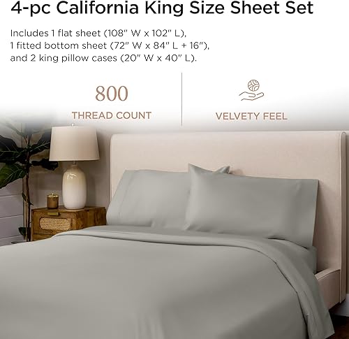 Miniatura 2 de Threadmill Sábanas de 800 hilos, tamaño California king, 100% de algodón, tejido satinado gris roca lunar, juego de 4 piezas, se adapta esquinas