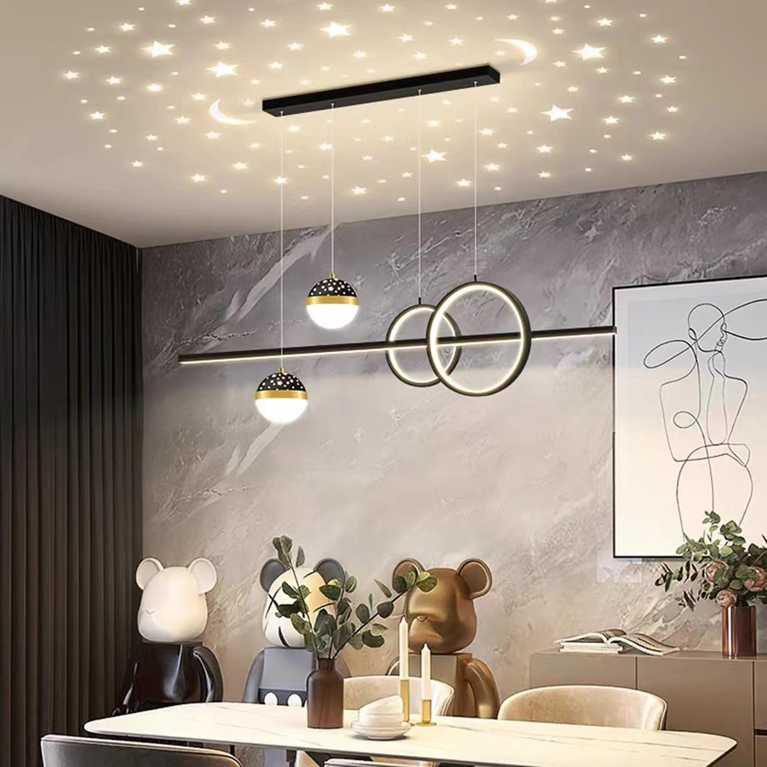 Modern LED pendant lamp dining room dimmable pendant lamp dining table black, Modern linear design pendant lamp with remote control, dining table lamp hanging for kitchen office lamp (Black, 120cm)