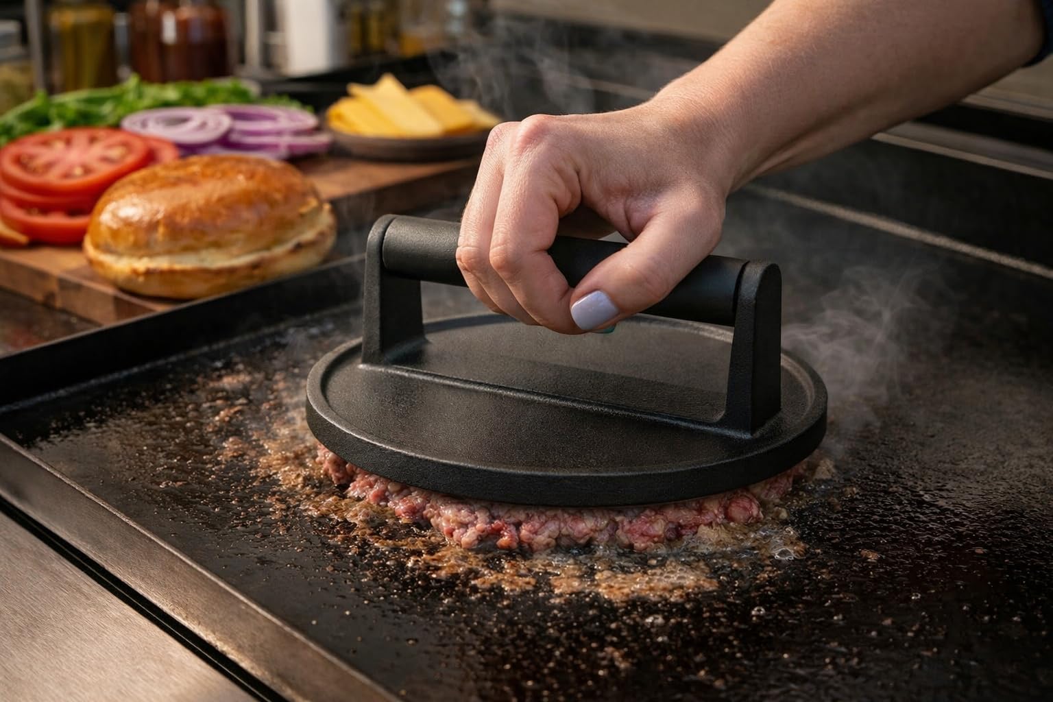 Smash Burger Presse Gusseisen – Burger Smasher mit Holzgriff – Grillpresse für perfekte Kruste | Fleischbeschwerer für BBQ, Steak & Bacon