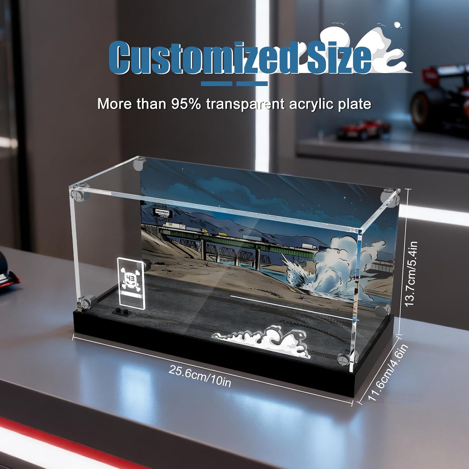 LED Acrylic Display Case Compatible with Lego Speed Champions 77262 Ken Block's '65 Ford Mustang Hoonicorn V1 Car, USB-C Powered Light Dustproof Showcase with HD Backdrop, Ideal Gift for Fans image 3