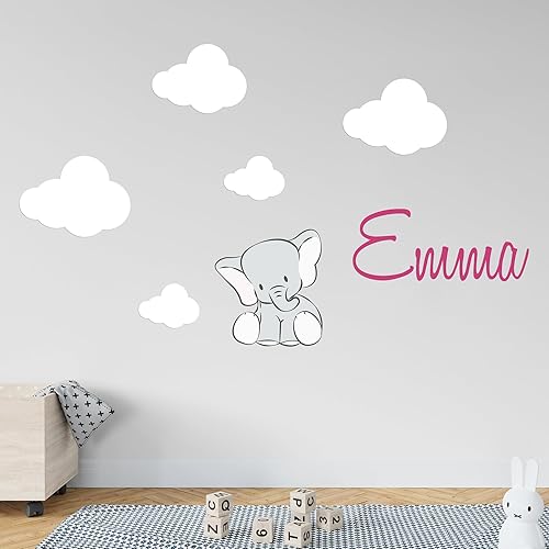 Miniatura 5 de Calcomanías de pared para decoración de elefante para bebé niña o niño, nombre personalizado hermoso elefante y nubes para decoración de pared de