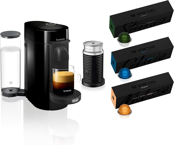 Nespresso VertuoPlus Coffee and Espresso Machine Bundle by De'Longhi with Aeroccino Milk Frother with Vertuoline Variety Pack Coffees included, Ink Black