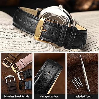 WOCCI 14mm Vintage Leather Watch Band for Men and Women, Gold Buckle (Black)