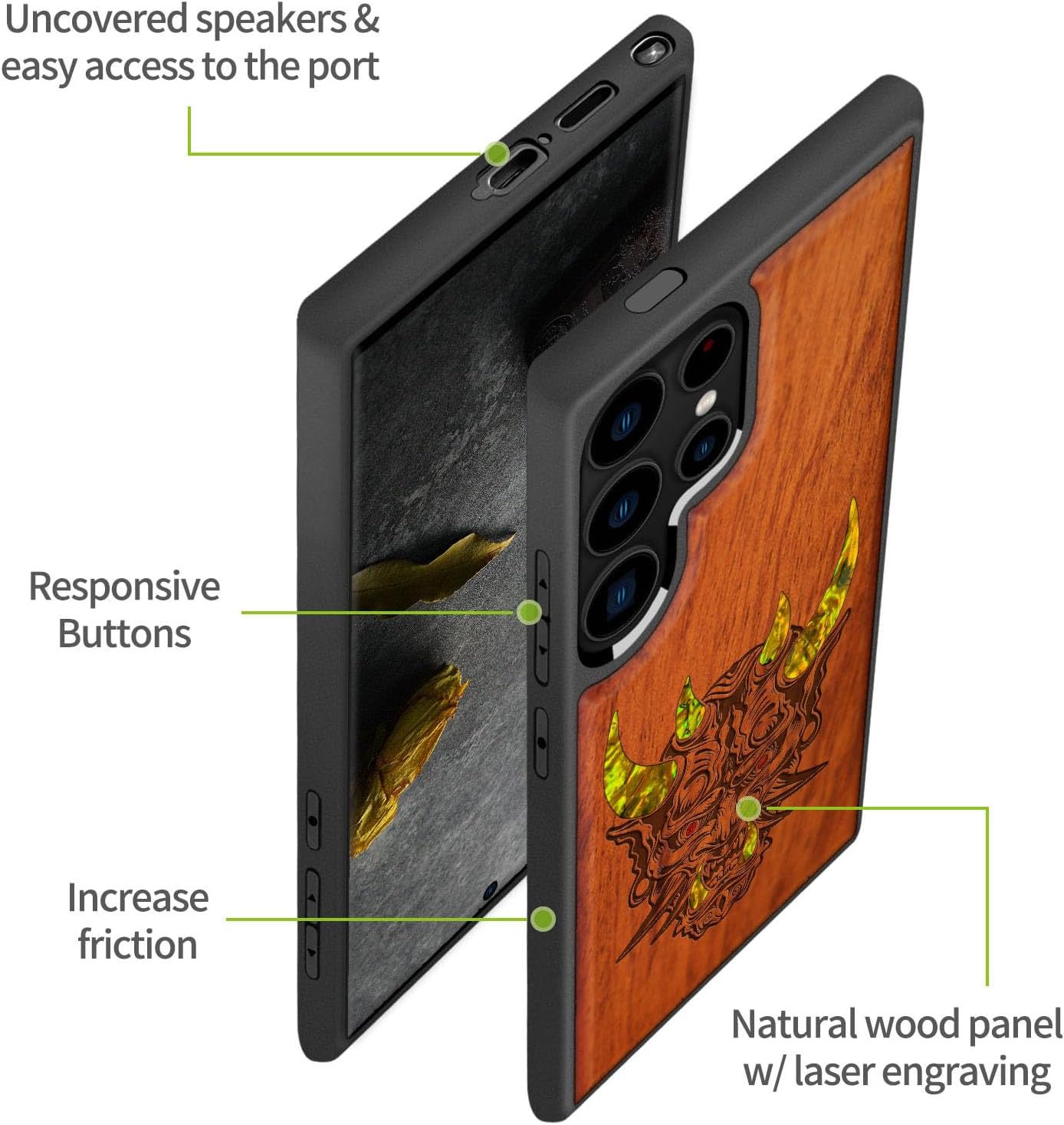 Carveit Designer Wooden Case for Samsung Galaxy S24 Ultra Case [Wood Engraving & Shell Inlay] Compatible with Wireless Chargers S24 Ultra Cover (Japanese Oni Mask-Rosy)
