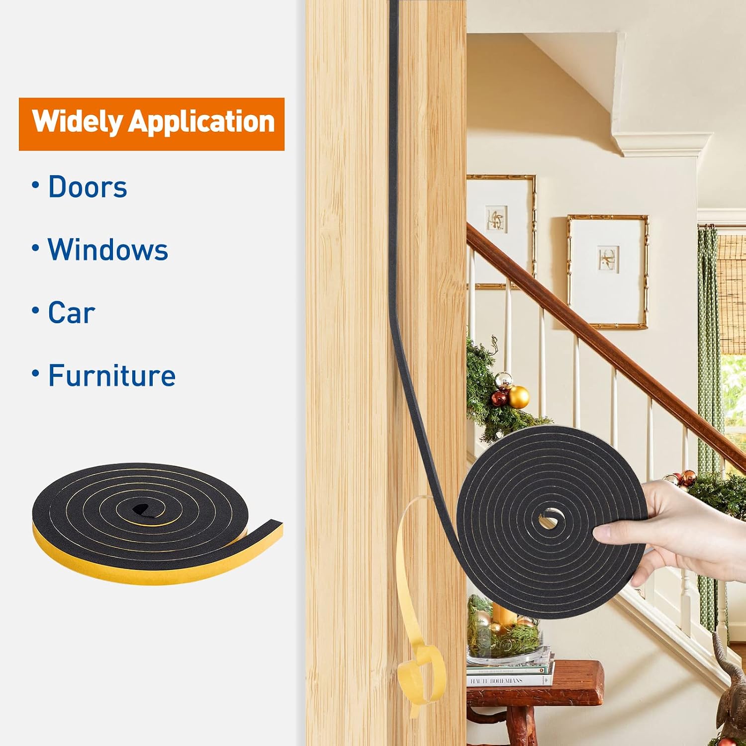 MAGZO Weather Stripping 1/2 Inch W X 1/2 Inch T, Door Seal Strip Adhesive Foam Tape Soundproof 13 Feet (6.5ft x 2 Rolls)