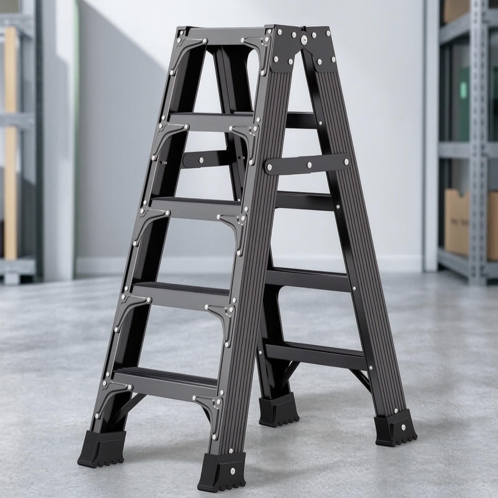 Escalera Reforzada a Plegable con, Escalera De Tijera De 5 Peldaños, 1.5 Metros, Reforzada, Color Negro Premium