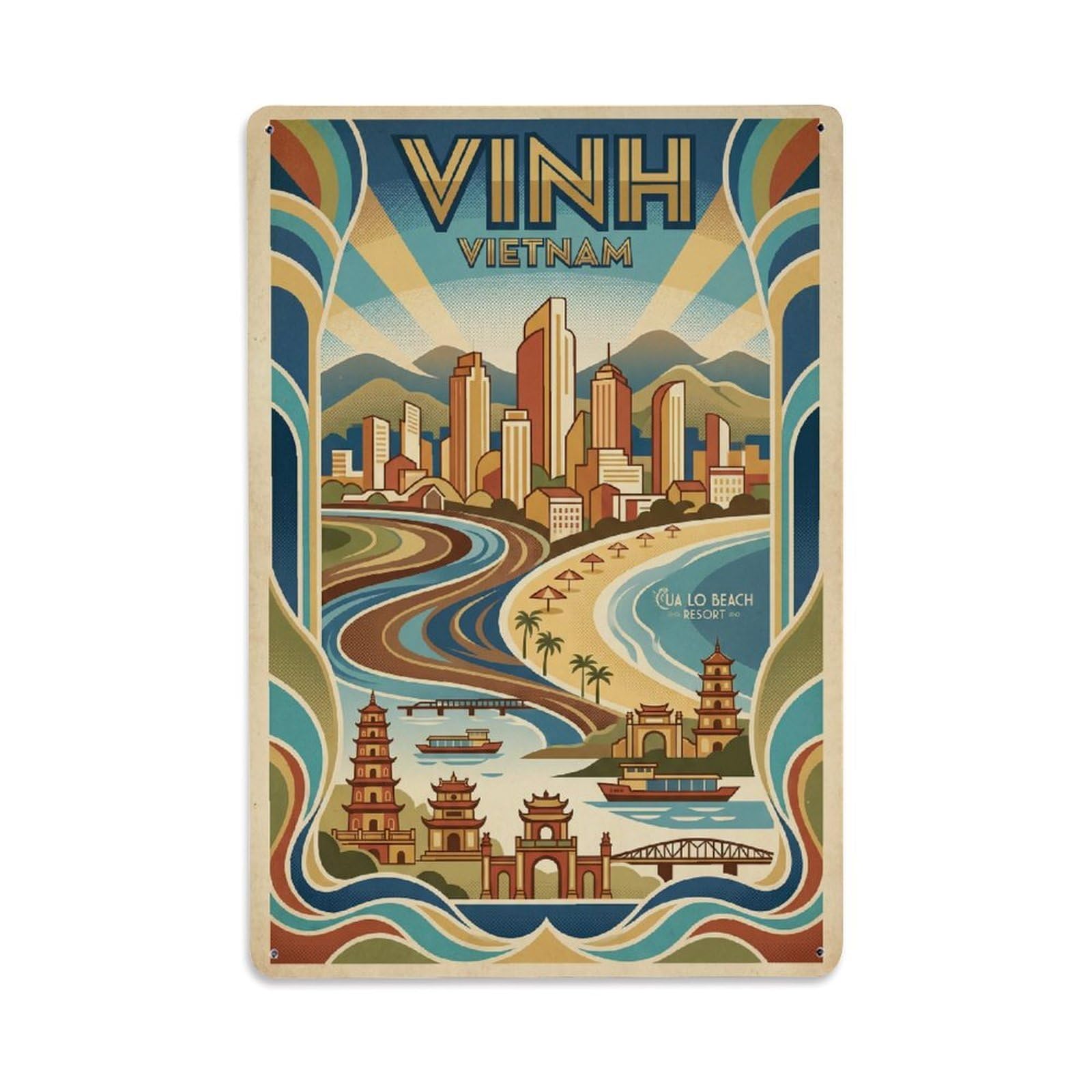 Retro Travel Vietnam Vinh Metal Tin Sign Plaque Wall Decor for Cafe, Club Bar, Office, Garden Metal Poster 8x12Inch