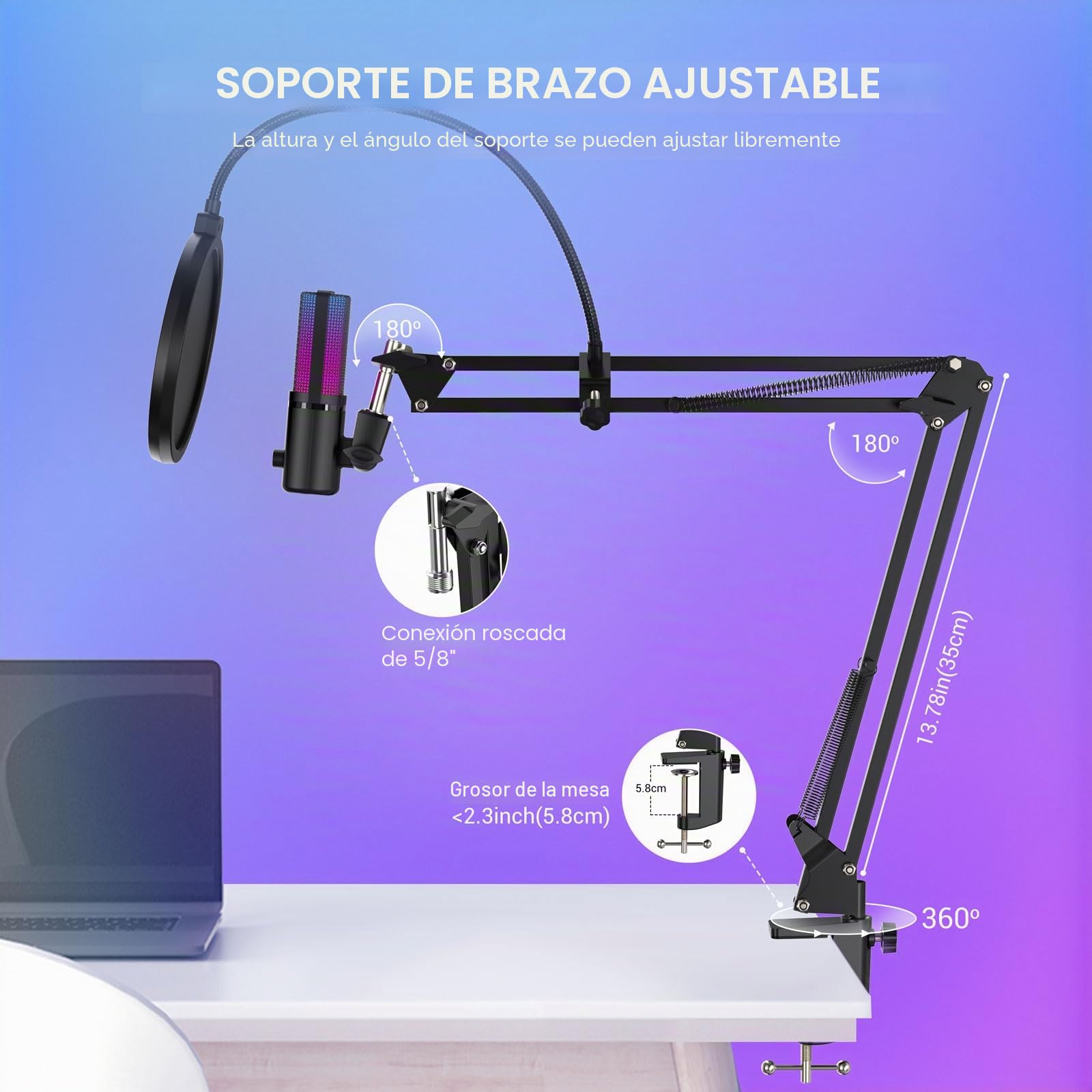 FDUCE Kit de micrófono USB para juegos para PC,micrófono de condensador RGB con conector para monitor,silencio rápido,control de ganancia,filtro pop,brazo de micrófono para streaming,podcasting,juegos