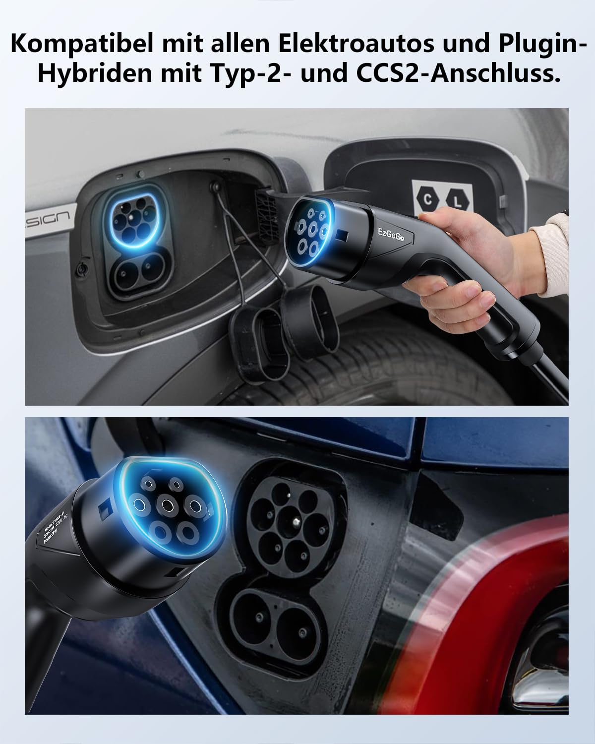 EzGoGo Wallbox Ładowarka mobilna 11 kW typ 2 (3 fazy) z kablem ładującym 10 m CEE 16 A do typu 2 | stacja ładująca EV z regulowanym prądem [6/8/10/13/16A], wysokiej jakości ochrona IP65