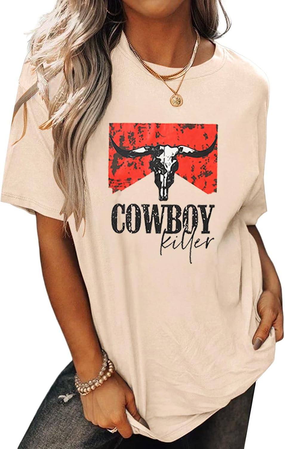 Cowboy Shirts for Women Western Vintage Rodeo T-Shirt Retro Bull Skull Graphic Tees Summer Casual Short Sleeve Tops