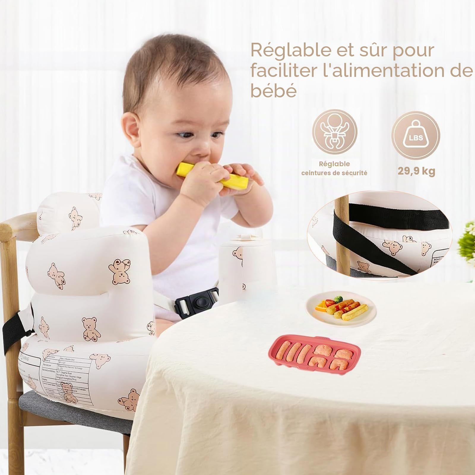 Siège Gonflable Pour Bébé de 3 Mois Plus, Chaise Gonflable Bebe avec Ceinture de Sécurité, Dispositif d'assistance à la Siège Pour Tout-petits Pliable, avec Pompe Intégrée (Ours)
