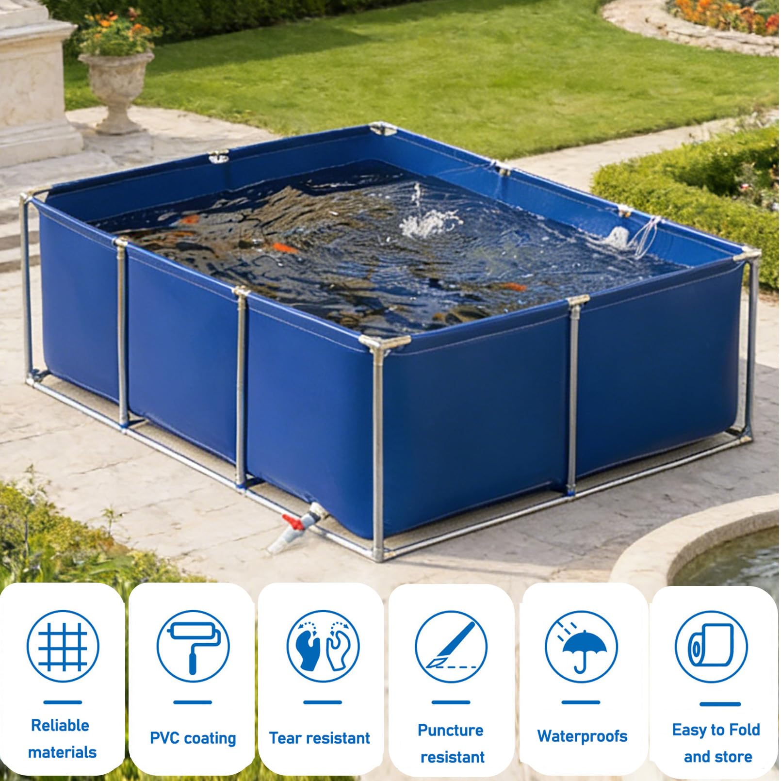 Koi Zuchtbecken mit Ablassventil&robustem Gestell, Außenlagertank Segeltuch Fischteich, Faltbarer Wasserlagerteich 150×150cm, Schwimmbecken Pools Für Wasser-Bewässerung, Einfach Einzurichten