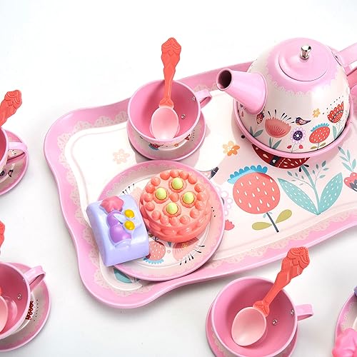 Miniatura 9 de PowerTRC Juego de 48 piezas de fiesta de té de princesa para niños, juego de té de lujo que incluye postres, galletas, aperitivos, tetera, tazas y