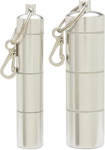 Paquete de 2 pequeñas y grandes llaveros portables para píldoras diarias, 3 compartimentos de aleación de aluminio resistente al agua, mini caja