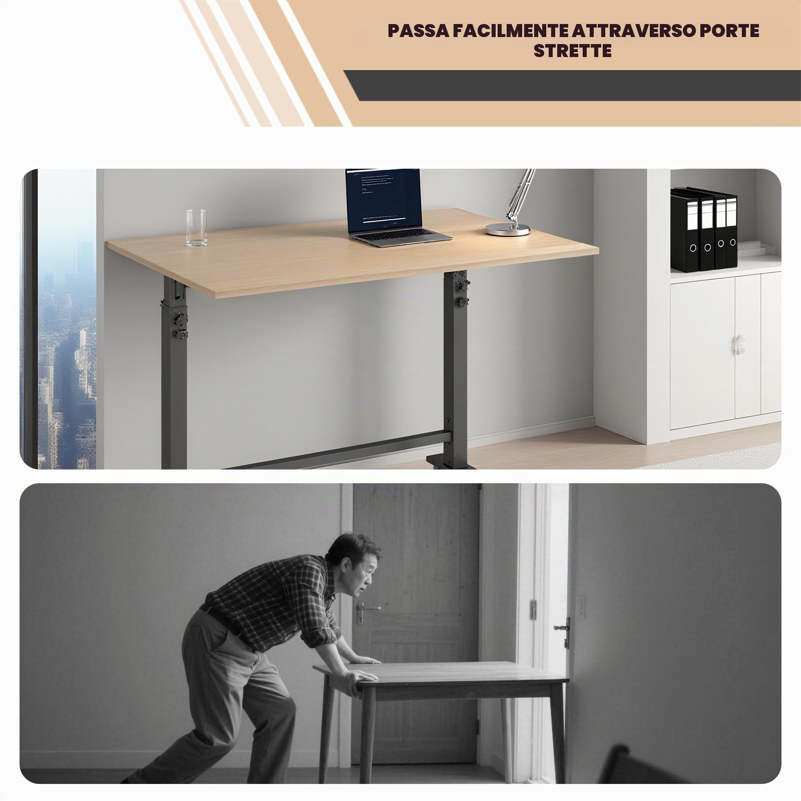 LARBANKE Banco da lavoro pieghevole da 114 cm con scala, banco da lavoro da 84 cm a 104 cm, con cinque altezze, con 4 ruote freno a 360° e poggiapiedi, banco da lavoro pieghevole per una facile